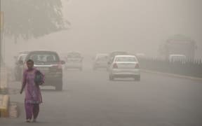 An Indian woman walks on a road during heavy smog conditions in New Delhi.