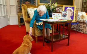 (FILES) In this file picture released in London on February 4, 2022, and taken last month, shows Britain's Queen Elizabeth II stroking Candy, her dorgi dog, as she looks at a display of memorabilia from her Golden and Platinum Jubilees, in the Oak Room at Windsor Castle, west of London. (Photo by Steve Parsons / POOL / AFP)