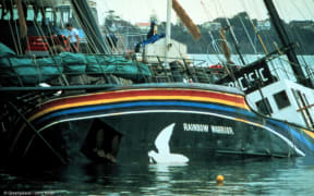 The Rainbow Warrior is in Marsden Wharf in Auckland Harbour after the bombing by French secret service agents.