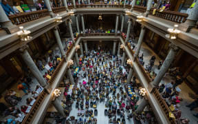 Anti-abortion and abortion rights activists protest on multiple floors within the Indiana State Capitol rotunda on 25 July, 2022 in Indianapolis, Indiana.