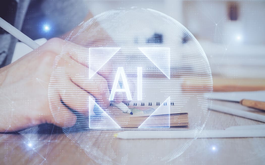Human's hands with tech theme double exposure icons. Concept of big data.