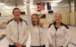 Some of the NZ Youth Olympic Curling team: Jed Nevill, Olivia Russell and coach Bridget Becker.
