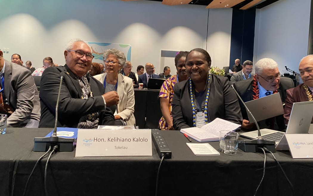 Ulu-o-Tokelau, Faipule Kelihiano Kalolo and education minister for the Solomon Islands, Lanelle Olandrea Tanangada at Inaugural Conference of Pacific Education Ministers.