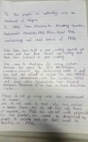 The letter to PNG authorities from Manus Island detainees.