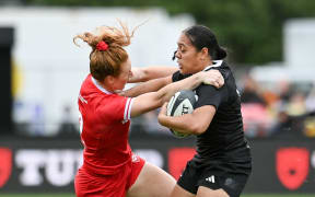 Logo-i-Pulotu Lemapu-Atai'i Sylvia Brunt of the Black Ferns fends off Alexandra Tessier of Canada during the womens rugby match, New Zealand Black Ferns  v Canada at Apollo Projects Stadium, Christchurch, New Zealand, 17th May 2025. Copyright photo: John Davidson / www.photosport.nz