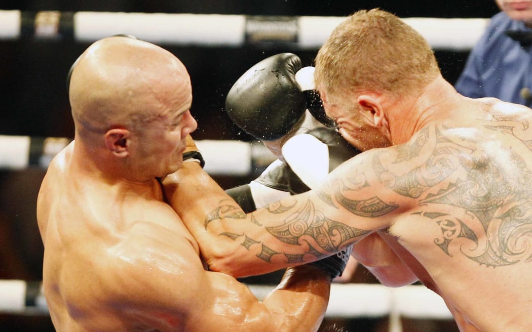 Shane Cameron (white trunks) and Monty Betham (red trunks) during the Fight For Life charity boxing event, Saturday 3 December,The Trusts Stadium Arena. Photo: Dion Mellow / photosport.co.nz