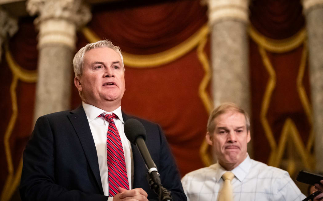 Republicans James Comer, chairman of the House Committee on Oversight and Accountability, and Jim Jordan hold a press conference at the US Capitol after the House voted to continue the impeachment inquiry of President Joe Biden.