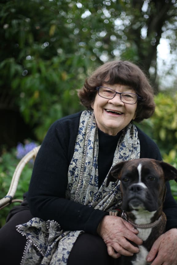 Writer Joy Cowley with family dog Rosa.
