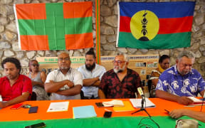 Union Calédonienne’s President Emmanuel Tjibaou (centre) and executive bureau hold a press conference on Thursday 28 November 2024.