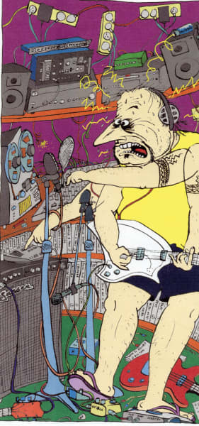 Chris Knox recording at Hakanoa Street, c.1990s. Drawing by Chris Knox, private collection.