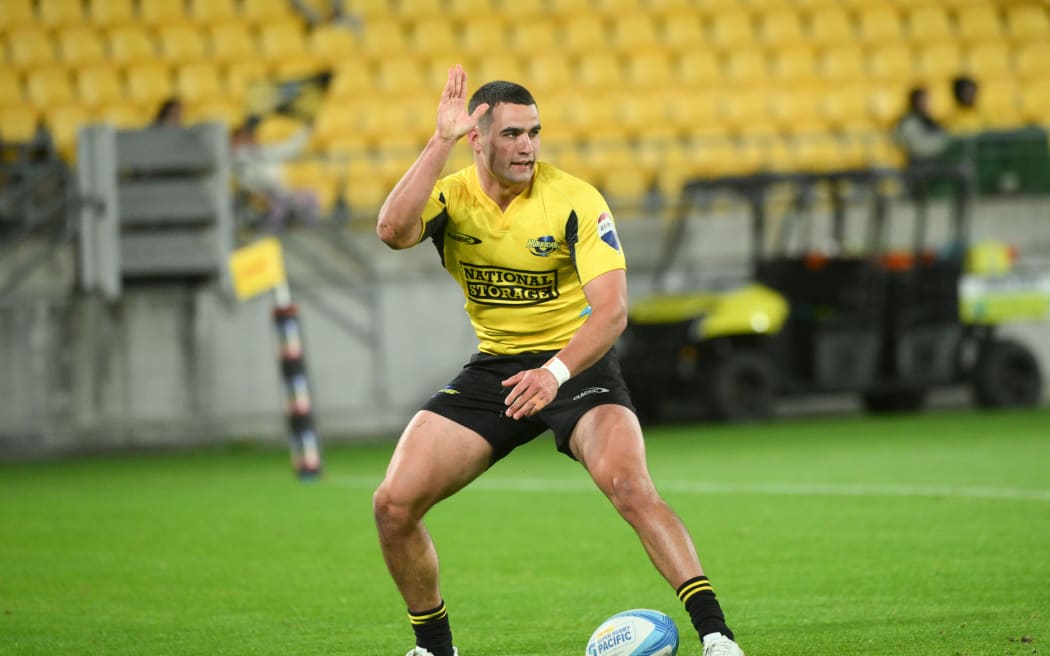 The Hurricanes' Josh Moorby celebrates his try during their Super Rugby Pacific match against the Waratahs at Sky Stadium.