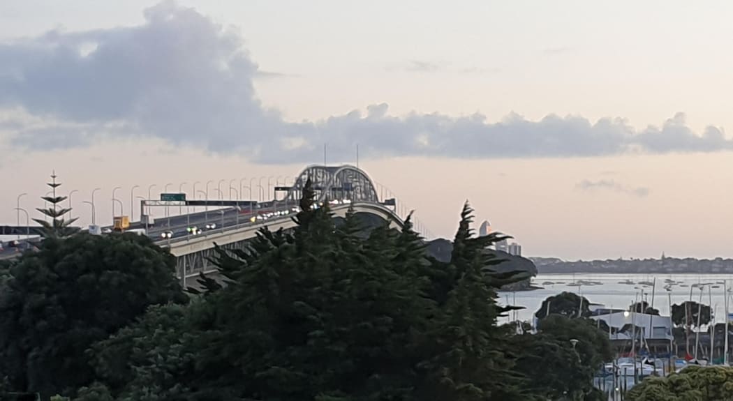 The Auckland Harbour Bridge, soon after dawn on Monday morning.