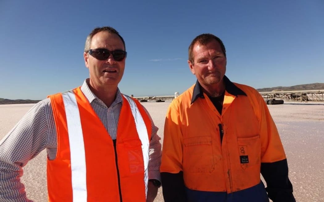 Lake Grassmere site manager Euan McLeish (left) and harvest foreman Mike Tautari