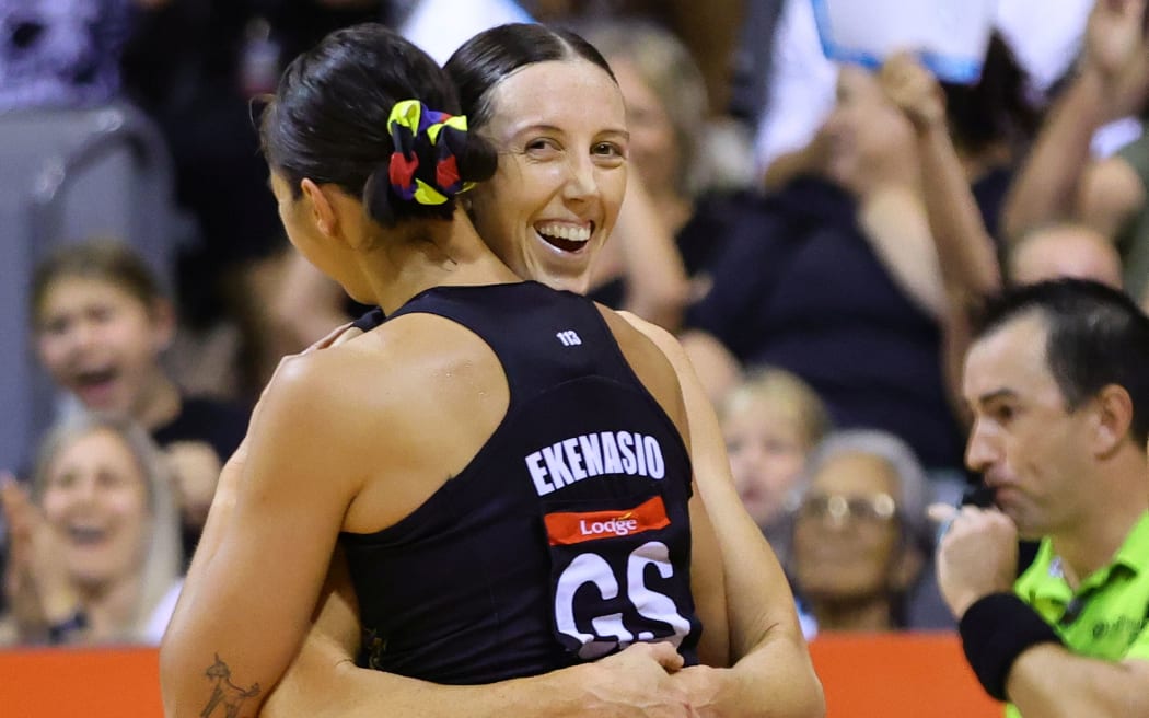 Bailey Mes of the Magic and Ameliaranne Ekenasio of the Magic celebrate the win during the ANZ Netball Premiership round 3 match between the Magic and the Mystics at Globox Arena in Hamilton, New Zealand on Sunday March 19, 2023. Copyright photo: Aaron Gillions / www.photosport.nz