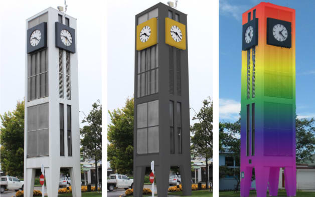 The three colour options for the Carterton clock tower.