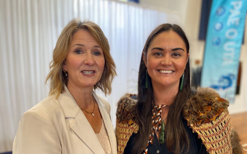 FNDC councillor Felicity Foy (right) was backed for the council's future Mayoralty from 2028 by Mayor Moko Tepania at the swearing in ceremony. She is with new Te Hiku General Ward's Rachel Baucke.