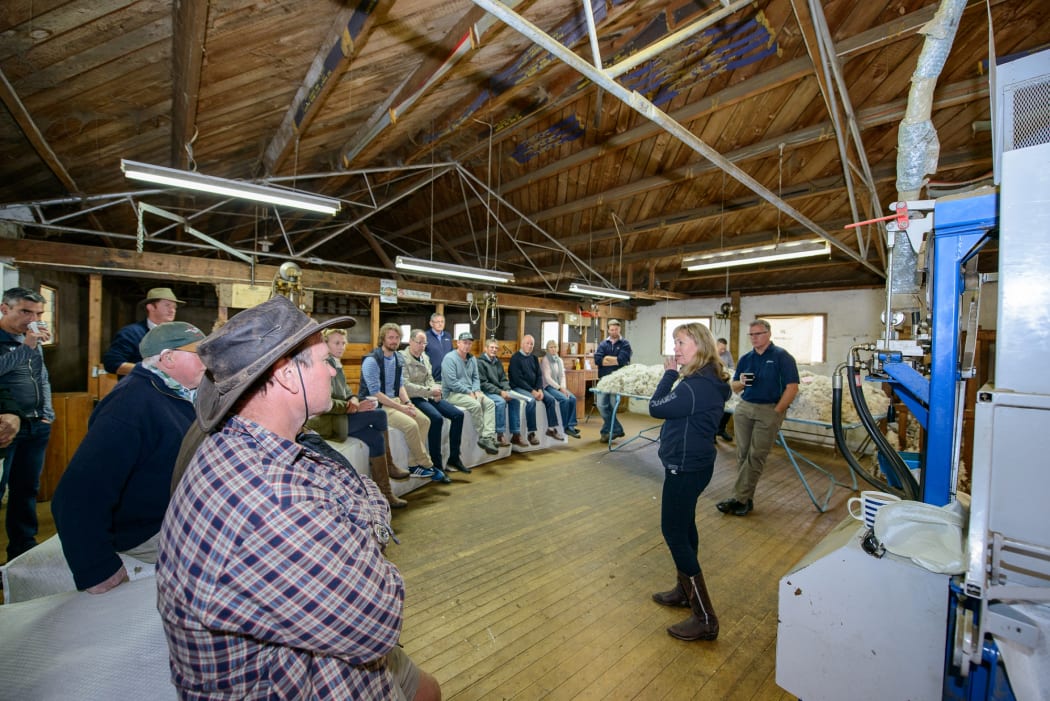 The chief executive of Norway’s Devold clothing company, Cathrine Stange, talks to Ranfurly merino farmers in Armidale stud’s wool shed about the philosophy of sheep to shop.