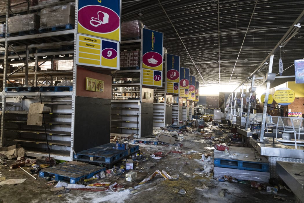 A picture taken in Vosloorus, southeast of Johannesburg, on July 12, 2021 shows the Gold Spot Shopping Centre after being looted.