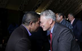 Newly elected Auckland Mayor Phil Goff (R) and Phil Davis of Ngāti Whātua Ōrākei.