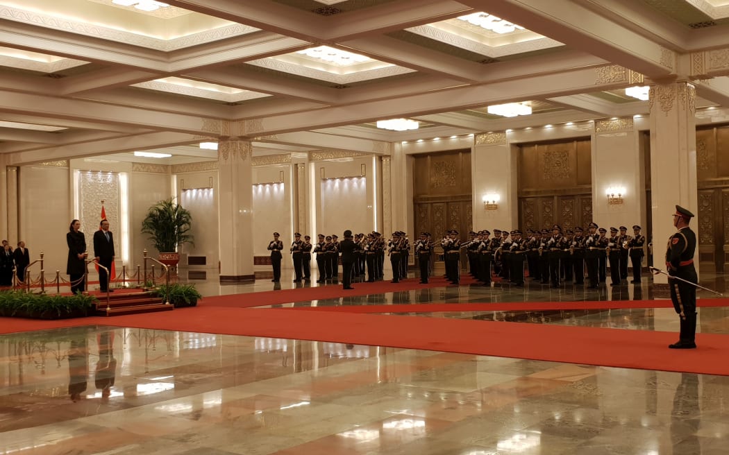 PM Jacinda Ardern is welcomed before an official engagement during her China visit.