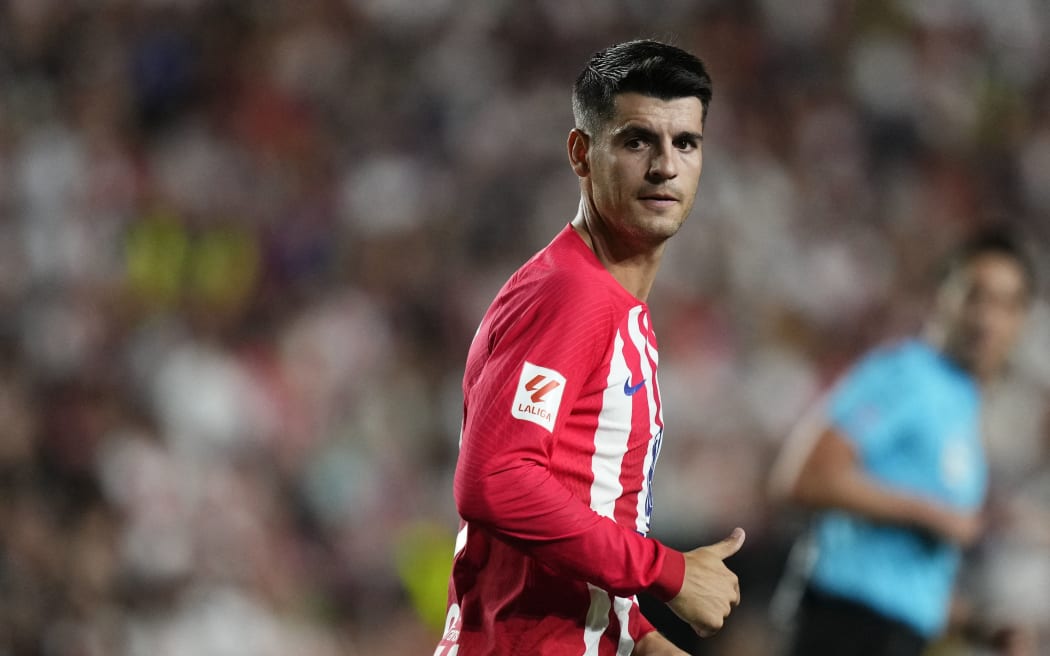 Alvaro Morata centre-forward of Atletico de Madrid and Spain during the LaLiga EA Sports match between Rayo Vallecano and Atletico Madrid at Estadio de Vallecas on August 28, 2023 in Madrid, Spain. (Photo by Jose Breton/Pics Action/NurPhoto) (Photo by Jose Breton / NurPhoto / NurPhoto via AFP)