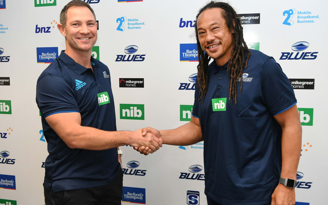 Leon MacDonald and Tana Umaga at the Blues 2019 coaching announcement