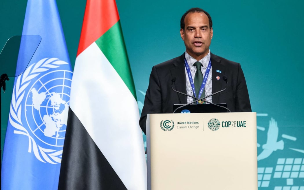 Ralph Regenvan, Minister of Climate Change of Vanuatu, delivers the national statement during the Resumed High-Level Segment during the COP28, UN Climate Change Conference, held by UNFCCC in Dubai Exhibition Center, United Arab Emirates on December 9, 2023. COP28, running from November 30 to December 12 focuses on national climate goals. The Conference in Dubai focuses also on the most vulnerable communities and Loss and Damage Fund. (Photo by Dominika Zarzycka/NurPhoto) (Photo by Dominika Zarzycka / NurPhoto / NurPhoto via AFP)