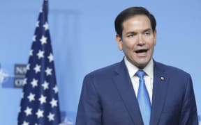 US Secretary of State Marco Rubio holds a joint statement with NATO Secretary General during a meeting of NATO Ministers of Foreign Affairs at NATO's headquarters in Brussels on April 3, 2025.