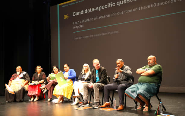 Māngere candidates. From left to right: Alani Fisher Taione, Lemauga Lydia Sosene, Vicky Hau,  Rosemary Bourke,  Hine Afeaki, Ben Lane, Dr Timoti Te Moke,  Michel Mulipola