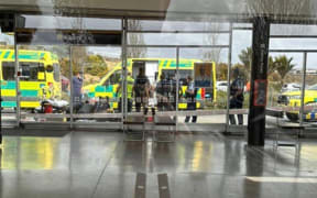 Ambulances and emergency services respond to an incident at Albany Bus Station, North Shore, Auckland on 18 September, 2023.