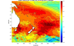 This is a heat map showing trends in ocean temperatures around New Zealand, the pacific and east coast of Australia.