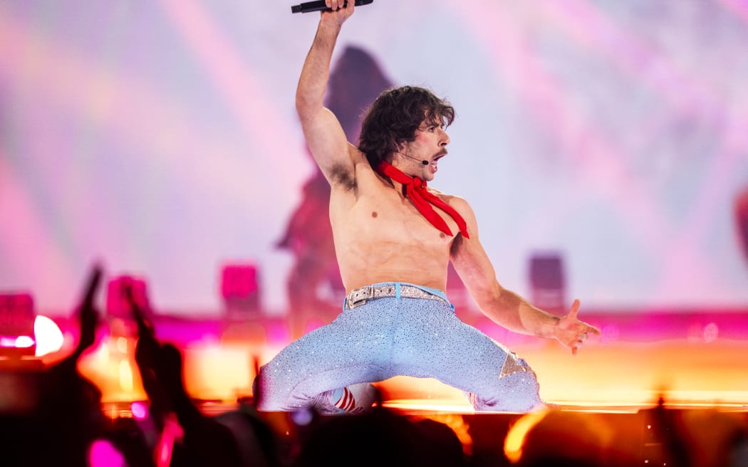 Australia's Go-Jo performs the song "Milkshake Man" during a dress rehearsal for the second semifinal of this year's Eurovision in Basel, Switzerland, on Wednesday, May 14, 2025. (Photo: Ida Marie Odgaard/Ritzau Scanpix) (Photo by Ida Marie Odgaard / Ritzau Scanpix / Ritzau Scanpix via AFP)