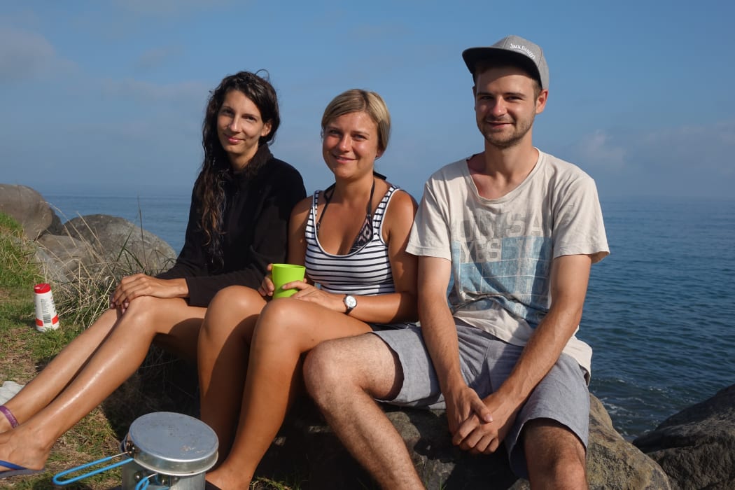Londoner Joe Humphries, pictured with travel companions Evelin, of Hungary, and Claudia of Austria, says Waiwhakaiho doesn’t seem too crowded to him.