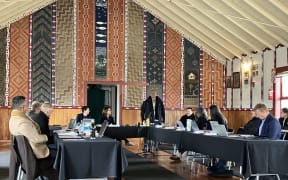 Gisborne District Council voted to retain Māori wards at Te Pāhou Marae on Thursday morning. Pictured are councillors, Gisborne Mayor Rehete Stoltz, council chief executive Nedine Thatcher Swann, Taharaukau Stewart (standing) and Albie Gibson. Photo / Gisborne District Council (LDR Single use only).