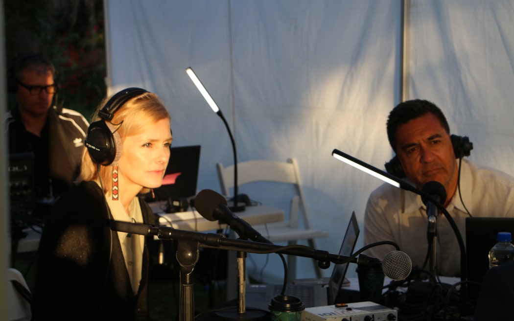 RNZ's Mihirangi Forbes and Julian Wilcox presenting the Waitangi Day programme on 6 February, 2024.