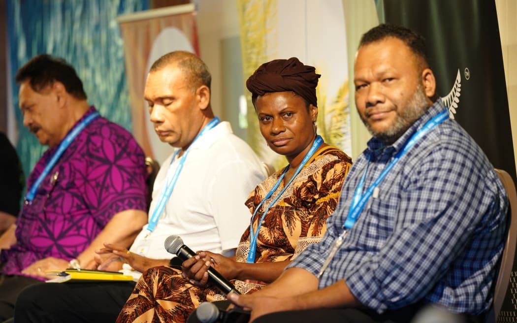 Panel members of a Press Freedom plenary during the 7th PINA media summit on Niue - (left to right) President of the Pacific Islands News Association (PINA), Kalafi Moala, Robert Iroga, co-chair of the Pacific Freedom Forum, Lillyrose Welwel President of the Vanuatu Media Association, and President of the Media Council of PNG, Neville Choi.