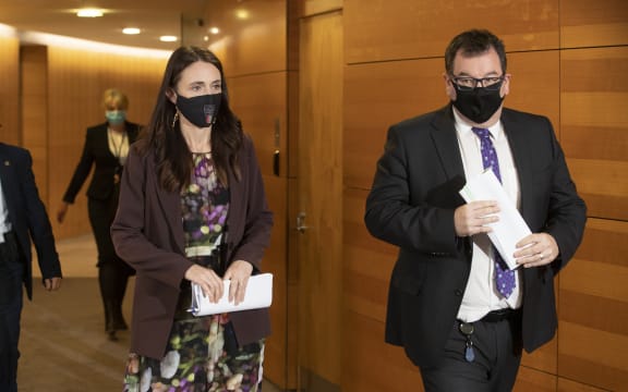 Prime Minister Jacinda Ardern and Deputy Prime Minister Grant Robertson arriving for the post-Cabinet press conference.