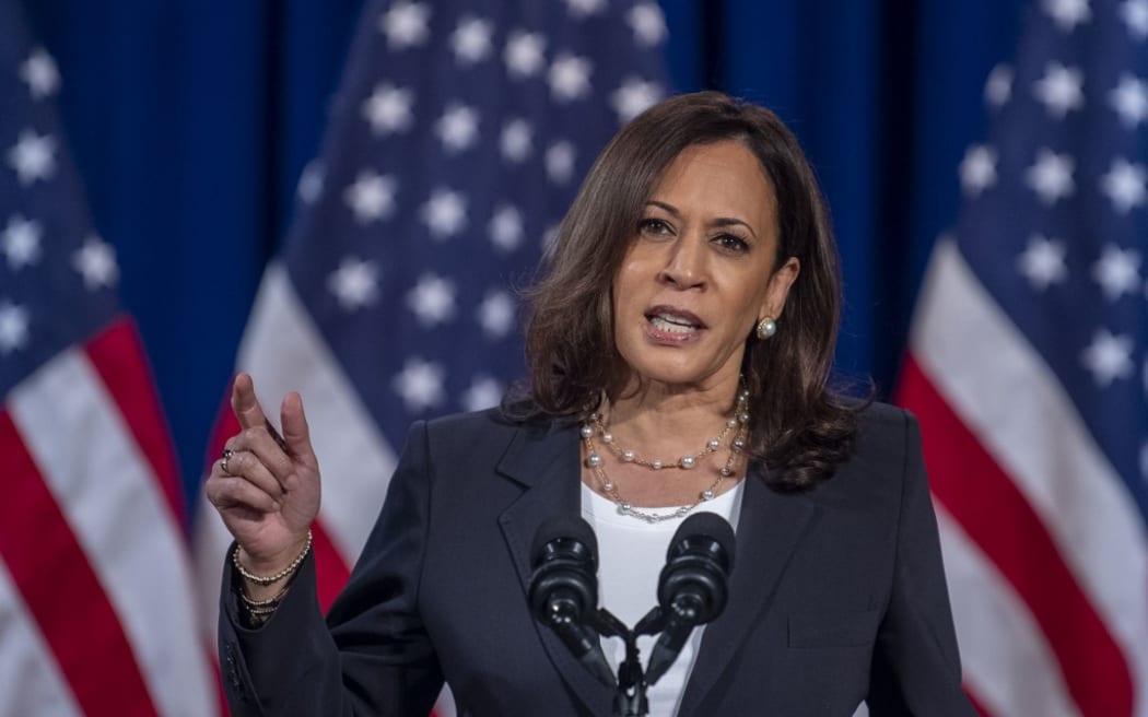 US Democratic vice presidential nominee and Senator from California, Kamala Harris, speaks on the administration of US President Donald Trump failures to contain Covid-19, in Washington, DC.