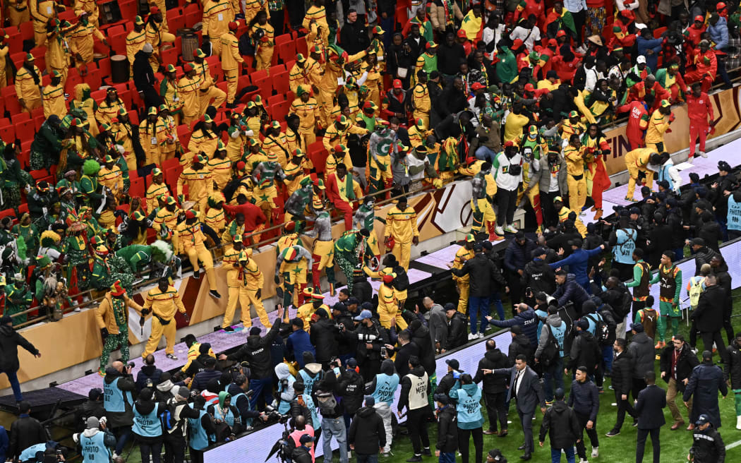 Senegal supporters clash during the Africa Cup of Nations final football match between Senegal and Morocco.
