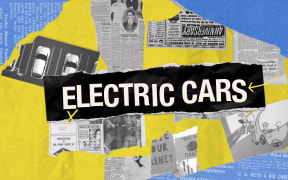 Title of Electric Cars across the middle of the image, surrounded by news articles ripped from newspapers on the history of cars, and images of people protesting environmental damage.