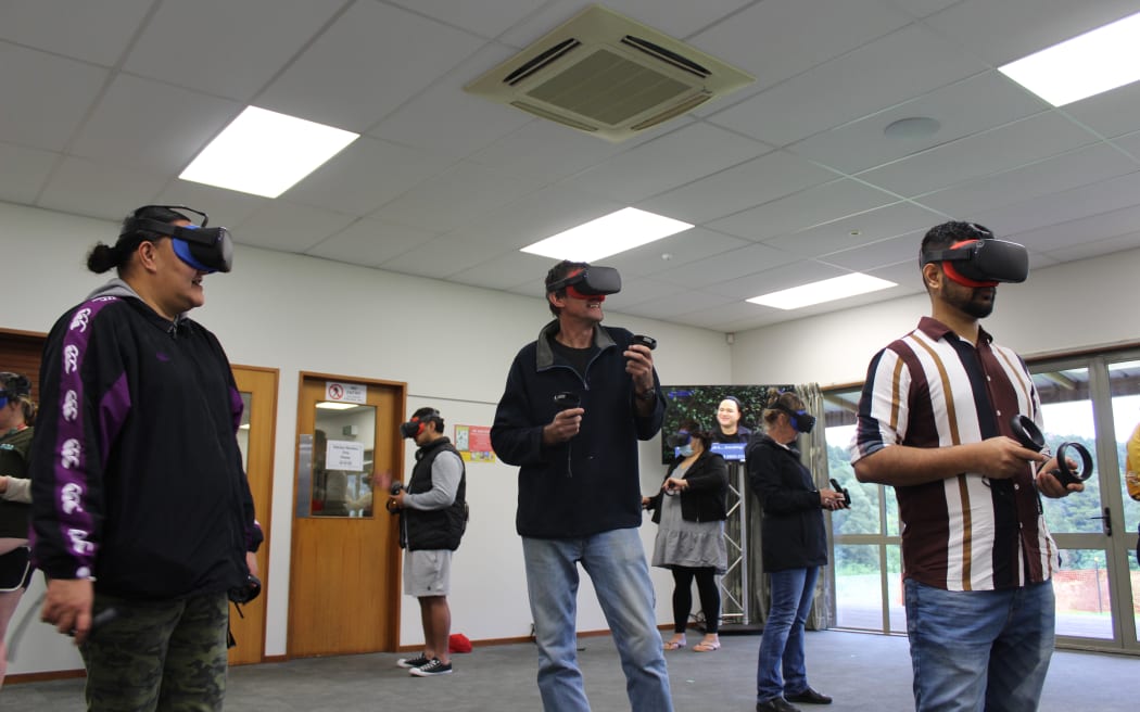 The virtual reality expo attendees are able to test potential employment through the headsets.