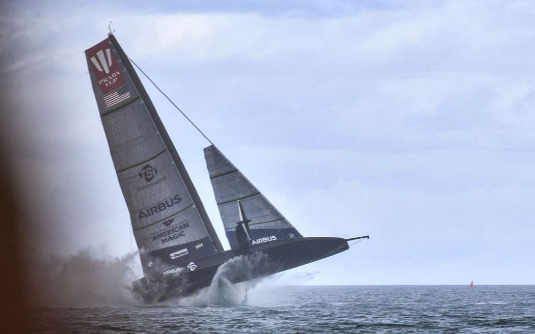 NYYC American Magic (USA) launches off the water 5 before capsizing.
Race 3, Round Robin 2 of the PRADA Cup on Auckland's Waitemata Harbour, New Zealand on Sunday 17th January 2021.