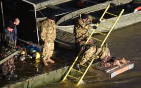 Hungarian Army staff on the Danube river in Budapest during the recover the capsized sightseeing boat.