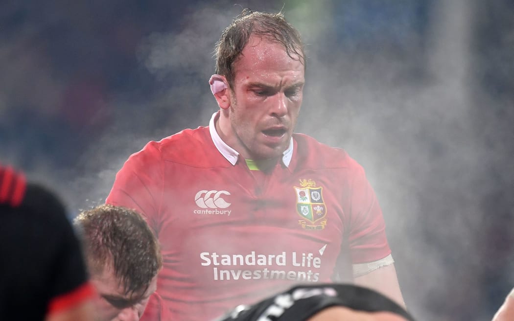 Lions' captain Alun Wyn Jones looks down at the scrum.