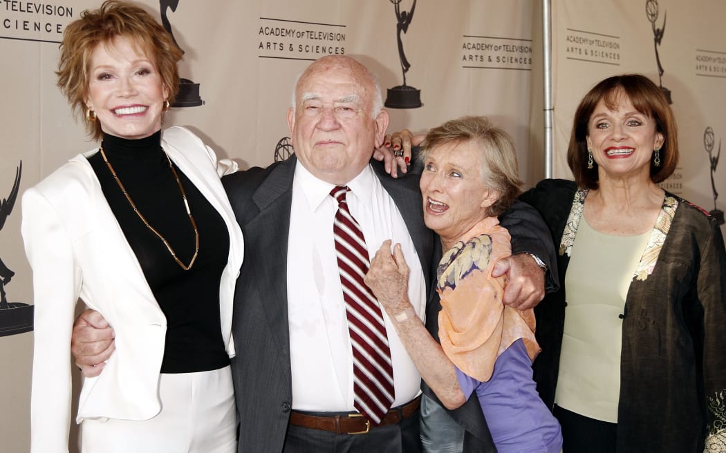 (L to R) Actors Mary Tyler Moore, Ed Asner, Cloris Leachman and Valerie Harper arrive at the Academy of Television Arts and Sciences celebrating Betty White's 60 years on television at the Leonard Goldenson Theatre on August 7, 2008 in No. Hollywood, California.
