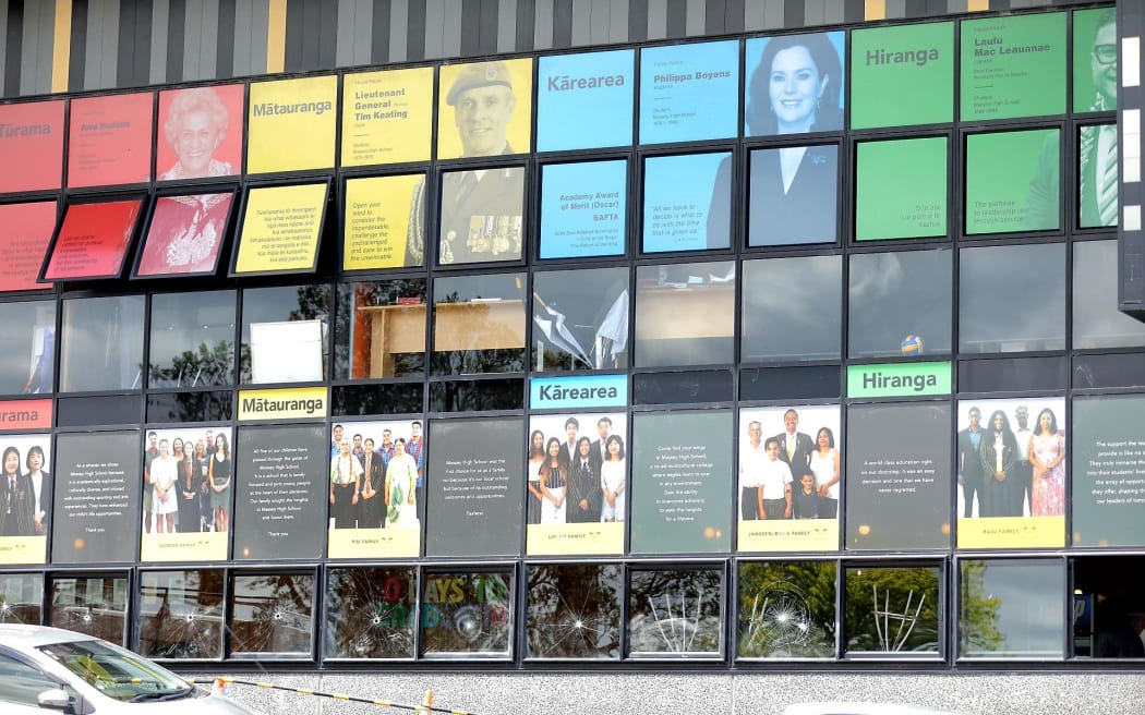Massey High School principal Alastair Fairley said a large number of windows at the front of his school were smashed using blunt objects, and school vehicles also had windows smashed.