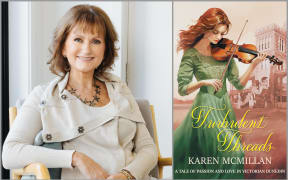 An image of author Karen McMillan and the book cover of Turbulent Threads.
