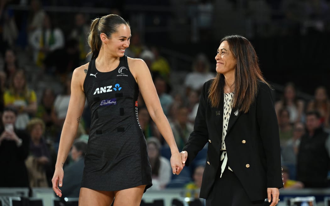 Ameliaranne Ekenasio of New Zealand (left) and New Zealand head coach, Dame Noeline Taurua react after winning the Constellation Cup series, 2024.