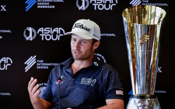 New Zealander Ben Campbell talks to reporters after winning the final round of the Asian Tour International Series at the Royal Golf Dar Es Salam in Rabat on July 7, 2024. (Photo by AFP)