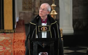 The Archbishop of Canterbury Justin Welby during the funeral service of Britain's Prince Philip, Duke of Edinburgh inside St George's Chapel in Windsor Castle in Windsor, west of London, on April 17, 2021.